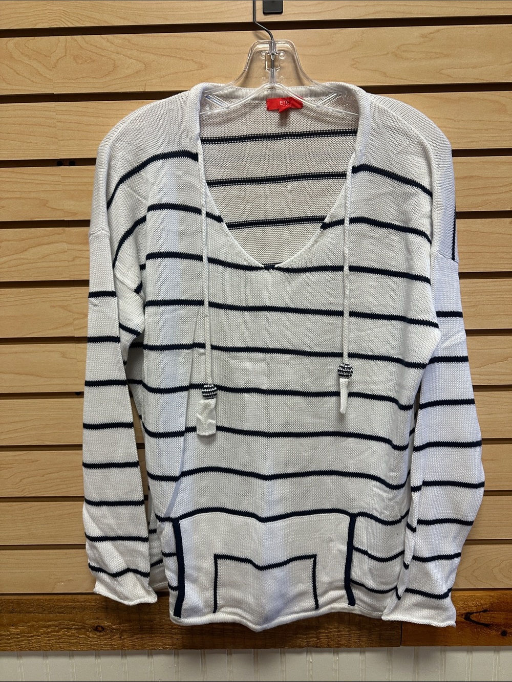 Etcetera White and Navy Striped Knit Hoodie Sweater